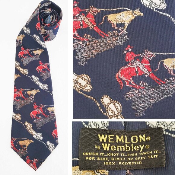 Vintage 70s Wemlon Wembley Mens Rodeo Cowboy Western Lasso Neck Tie Navy - Picture 1 of 8